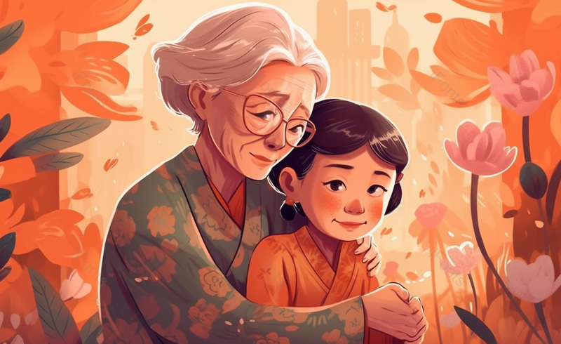 母亲节温馨拥抱牵手唯美场景抱着女儿的白发妈妈,插画/手绘图,插画/手绘图库,插画/手绘图下载,插画/手绘